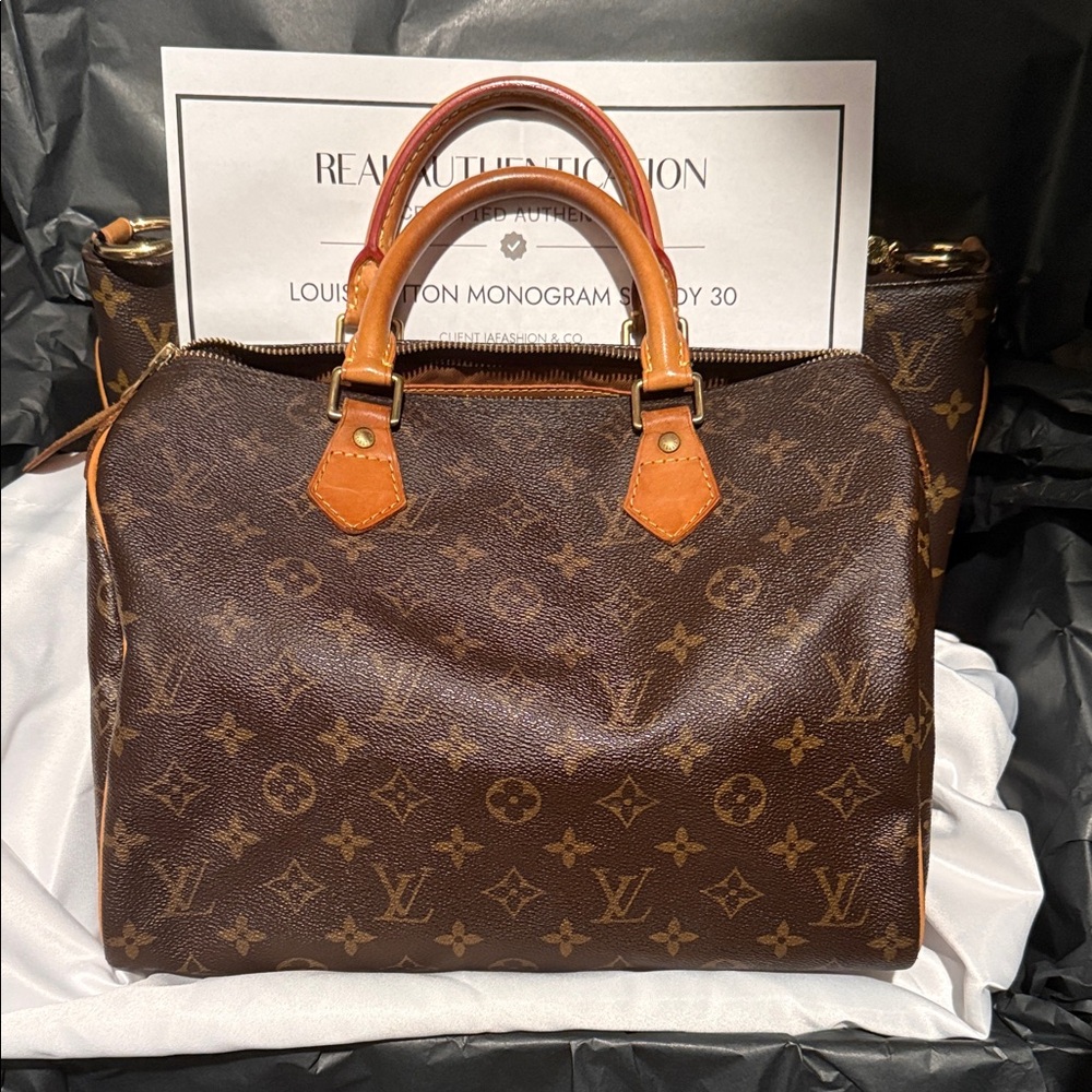 Louis Vuitton Brown Monogram Canvas Handbag with Tan Leather Trim